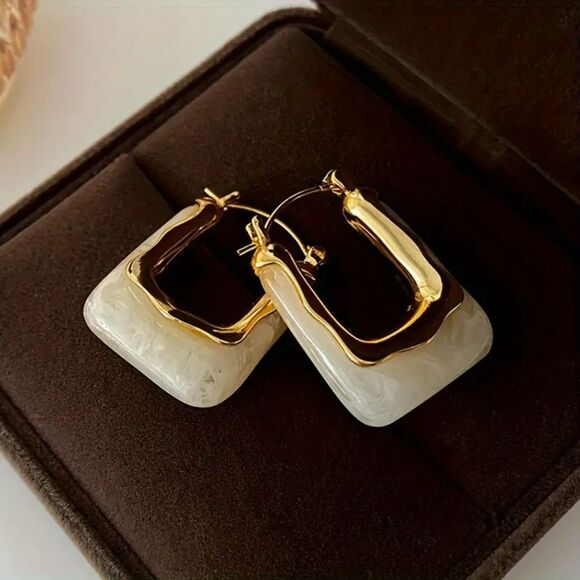 "Winter" Square Hoop Earrings | White and Gold - Picture 1 of 2